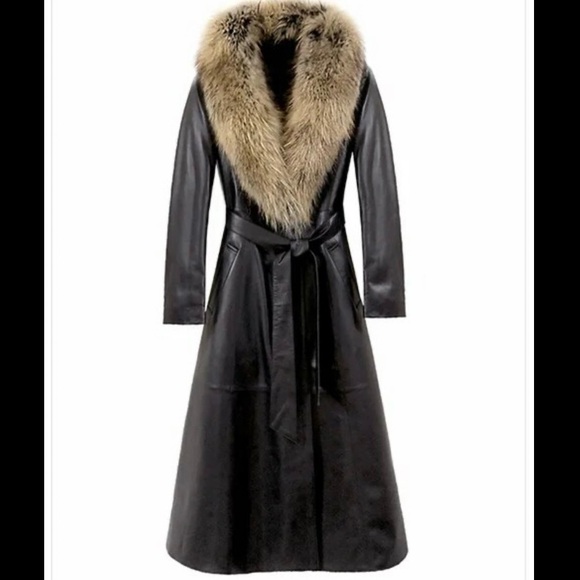 Long Leather Coat w/Sheepskin Collar - Picture 5 of 16